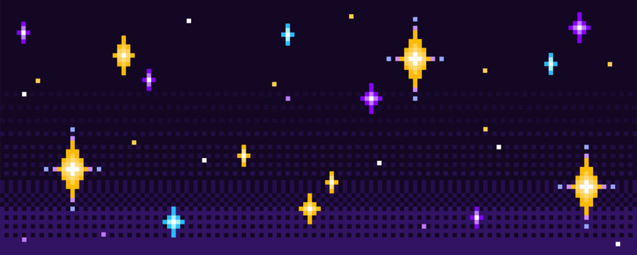 Pixel art stars pattern - shining cosmic sparks, glowing twinkle sky elements on dark space background. Retro 8 bit style starry night galaxy print. Old school pixelated video game universe.