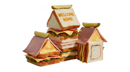Three sandwich houses with mortadella roofs and pickle chimneys are standing on a transparent background, with the tallest one showing a welcome home message written with mustard