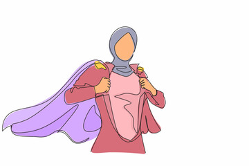 Continuous one line drawing beautiful young female in business hijab wearing shirt. Successful Arabian businesswoman. Hero, ripping off her shirt. Single line draw design vector graphic illustration