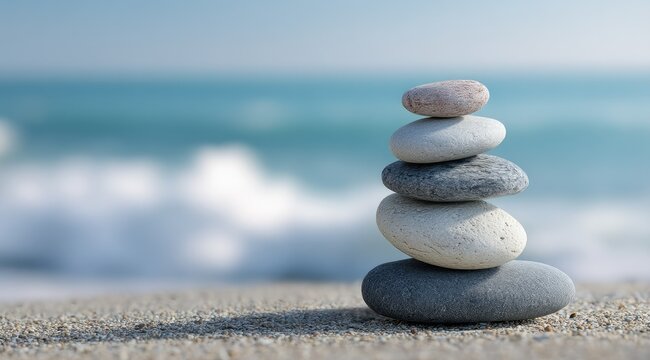 A balanced stack of smooth, grey and white stones rests on a sandy beach, with a softly blurred ocean backdrop showing waves