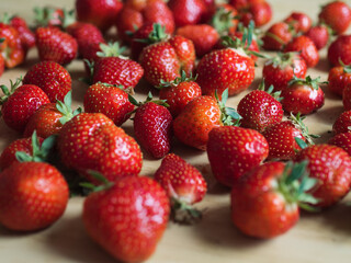 Fresh Strawberries on Wooden Table - Horizontal Close Up