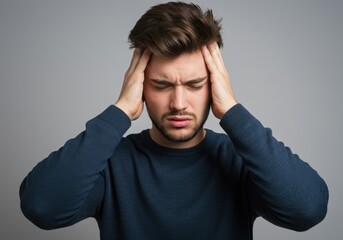 Naklejka premium Man experiencing headache holding his head with both hands