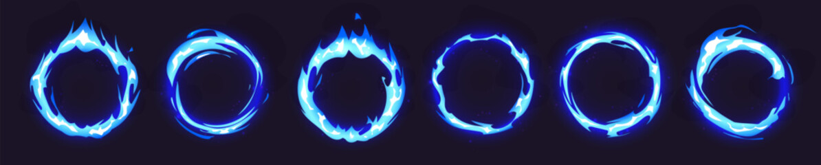 Plakat Blue fire rings set - round burning gas circle frames, flaming neon loop borders. Blazing electric plasma halo with cold energy field. Magic portal with light effect. Fiery glowing ring shapes on dark
