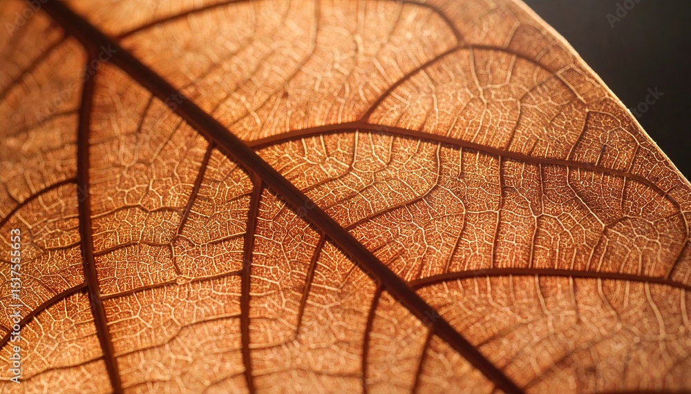 Poster close-up view of a dried leaf showcasing intricate vein patterns and textures with warm lighting enh