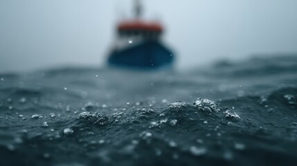 Marine research boat maneuvering through choppy waters with a shark circling nearby during a cloudy day. World Drowning Prevention Day. Shark Awareness Day and Shark Week