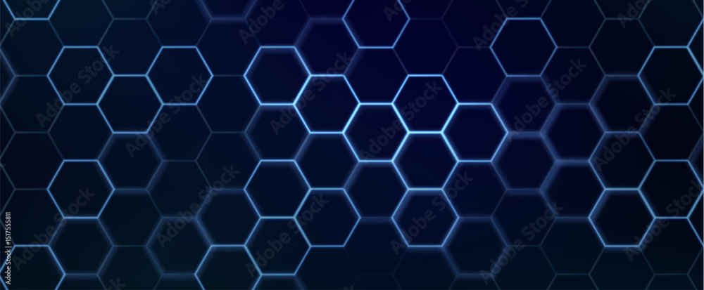 Poster abstract hexagon pattern background - futuristic sci fi honeycomb grid, glowing blue neon lines on d