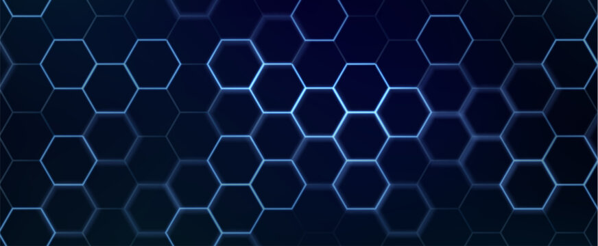Abstract hexagon pattern background - futuristic sci fi honeycomb grid, glowing blue neon lines on dark. Geometric vector graphic design for digital interfaces, HUD displays and gaming backdrops.