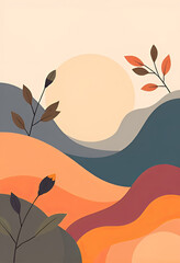 Minimalist abstract landscape with rolling hills, soft sun, and stylized plants in warm earth tones. Flat design illustration evoking a calm, autumnal natural atmosphere with organic shapes
