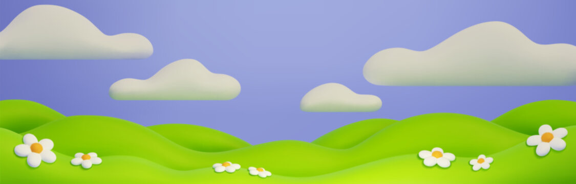 3d hill background with rolling green meadows under blue sky. Cartoon landscape with white daisy flowers scattered across grassy slopes. Nature scene with fluffy clouds for children or game design.
