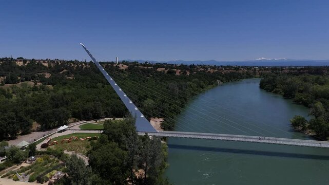 Redding California Sundial Bridge and Sacramento River 4k aerial drone video