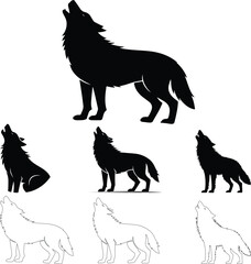 Black vector silhouette of a wolf howling at full moon on white background