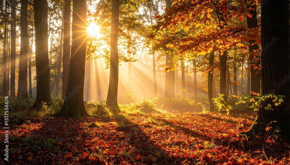 Poster sunlight streams through autumn foliage in a tranquil forest, illuminating the ground covered with c