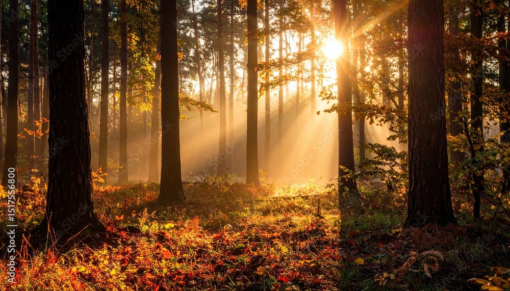 Aufkleber sunlight streaming through trees in a colorful autumn forest, with mist creating a serene atmosphere