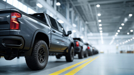 Fototapeta premium Rear view of a new gray pickup truck in a brightly lit car factory - precision manufacturing