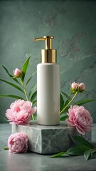 White Pump Bottle with Pink Peonies, Gold Accents, Marble Pedestal, Elegant Skincare Mockup