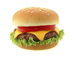 Cheeseburger with lettuce, tomato, and sesame bun on white background
