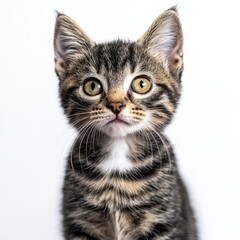 Adorable young tabby kitten with distinct black and brown striped fur bright yellow eyes and curious expression posing against a plain white background