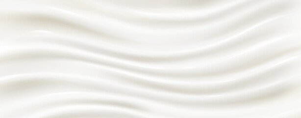 Milk or silk cream texture with smooth flowing waves - white liquid surface with elegant folds and soft ripples. Luxurious dairy product background for cosmetic or food design presentations.