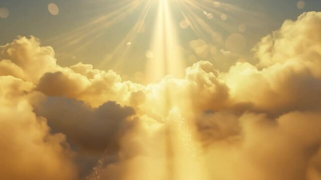 Golden rays of sunlight break through fluffy clouds, creating serene and peaceful atmosphere in sky, where warm hues evoke tranquility and hope.