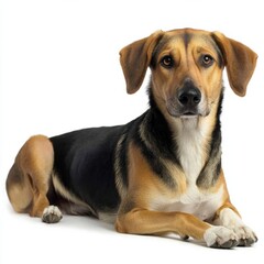 Cute alert dog lying down with alert expression, medium size, mixed breed with brown and black fur, isolated on white background, detailed close-up