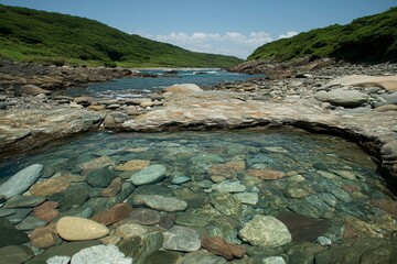 Serene river landscape with clear water and stones on a sunny day in a lush green environment