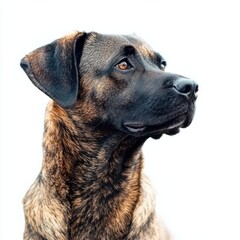 Close-up portrait of a attentive, loyal medium-sized mixed breed dog with short brown and black fur, alert expression, and listening ears against a plain white background