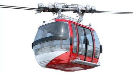 A red and white gondola hangs from a cable against a white background.  The cabin is mostly glass, offering a view inside