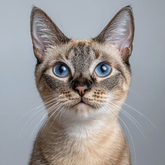Close-up portrait of a Siamese cat with striking blue eyes and short cream-colored fur featu darker face and ears against a neutral gray background