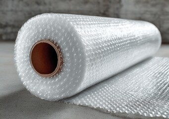 A large roll of bubble wrap rests on a concrete floor, partially unfurled, showcasing its air-filled bubble texture and protective qualities