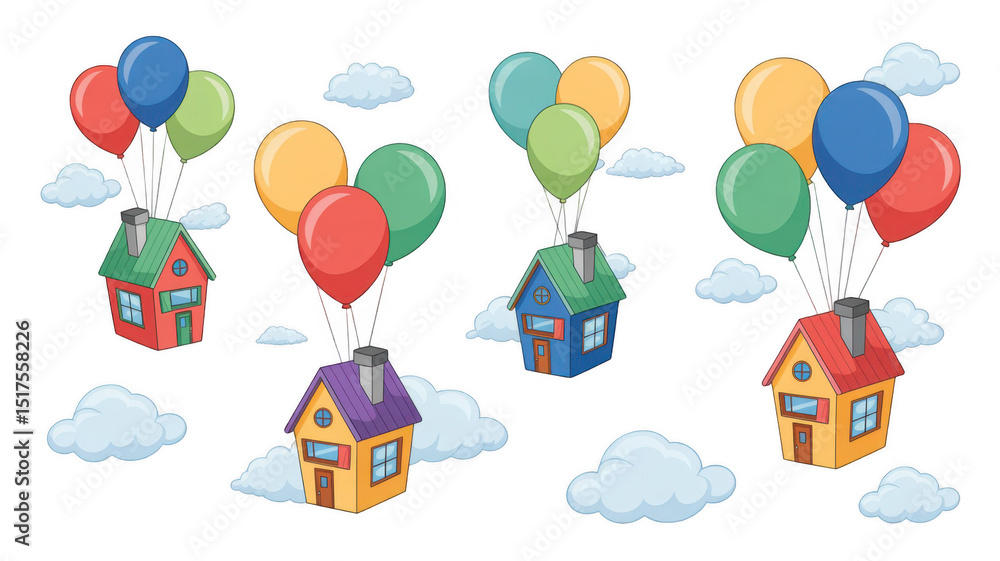 Poster many colorful balloons are lifting small colorful houses on a transparent background with some cloud
