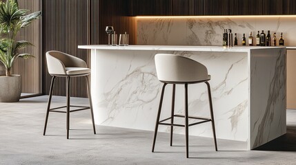 Modern bar counter with comfortable beige bar stools.