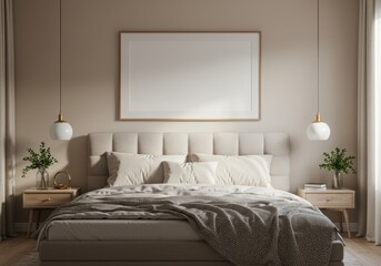 Large Horizontal Wood Frame Mockup in a Serene Neutral Bedroom