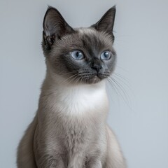 Close-up of a Siamese cat with blue eyes and short fur sitting against a plain light background, showing detailed facial features and attentive expression