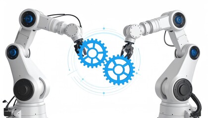 technical simulation. Two robotic arms are engaging with interlocking gears, symbolizing automation and mechanical precision in a technological setting.