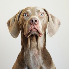 Close-up of a brown Dachshund dog with blue eyes looking directly at the camera against a plain white background