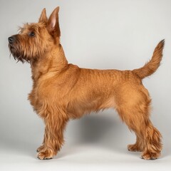 Irish Terrier dog standing profile shot on a plain white background showcasing its alert posture, distinctive reddish coat, and attentive expression