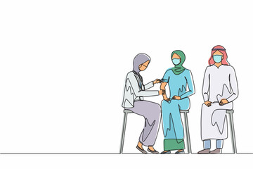 Continuous one line drawing female doctor wearing mask at clinic giving Arabian woman vaccine against coronavirus. Immunity, immunization, covid-19 vaccine. Single line draw design vector illustration
