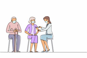 Single continuous line drawing vaccination of the elderly. Vector modern illustration of senior woman and doctor with syringe. Immunity, immunization, covid-19 vaccine. One line draw graphic design