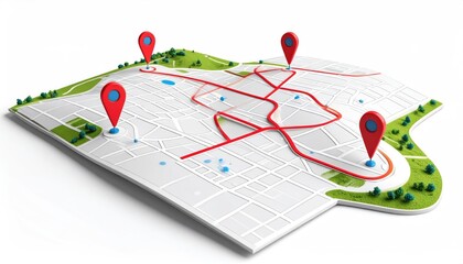 technical simulation. A 3D map illustration with route paths and location markers, depicting urban navigation and planning.