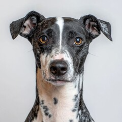Close-up portrait of a small black and white dog with expressive amber eyes and short fur, looking directly at the camera against a plain light background