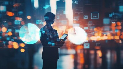 Silhouette businessman using digital tablet with futuristic data interface concept - Powered by Adobe