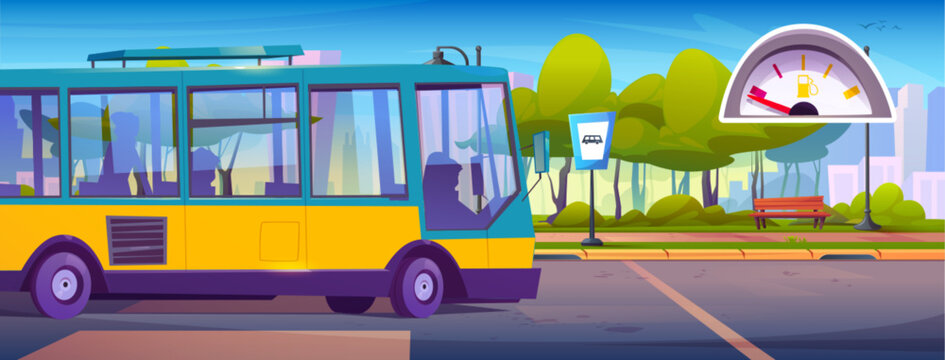 Fototapeta Empty bus waits at stop with gasoline indicator - yellow public transport vehicle with windows parks beside station platform. Urban scene with fuel meter, bench and trees against city skyline.