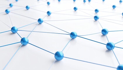 technical simulation. Abstract network of blue nodes connected by lines, illustrating connectivity and technology concepts.