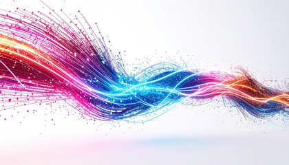 technical simulation. Abstract digital wave with colorful lines and particles, representing energy and motion in a modern design.
