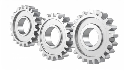 technical simulation. Three metallic gears aligned in a row, showcasing a shiny and industrial design, symbolizing machinery and engineering.