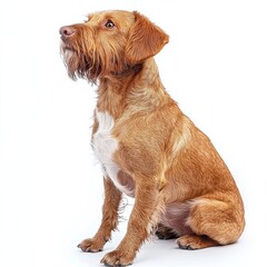 Adorable brown wirehaired terrier puppy sitting attentively on white background with alert expression and fluffy fur showcasing curiosity and innocence