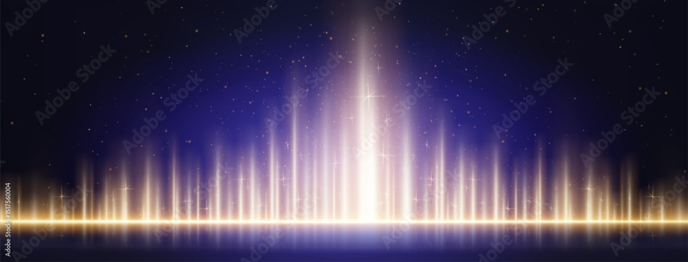 Poster magical blue stage with golden light beams rising from glowing horizon line. sparkling glitter parti