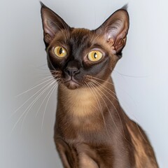 Close-up portrait of an elegant sleek Siamese cat with striking yellow eyes and short glossy coat standing against a plain light background