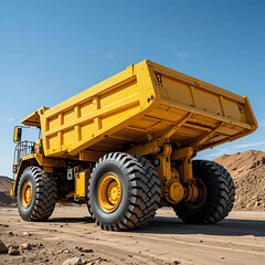 Large Yellow Dump Truck at Mining Site Under Clear Blue Sky
