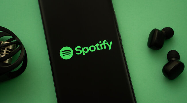 Dhaka, Bangladesh - 18 March 2025: The logo of the spotify is displayed on a smartphone screen.